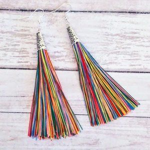 Ultra Long Glistening Silk Rainbow Tassel Dangle 925 Sterling Silver Earrings